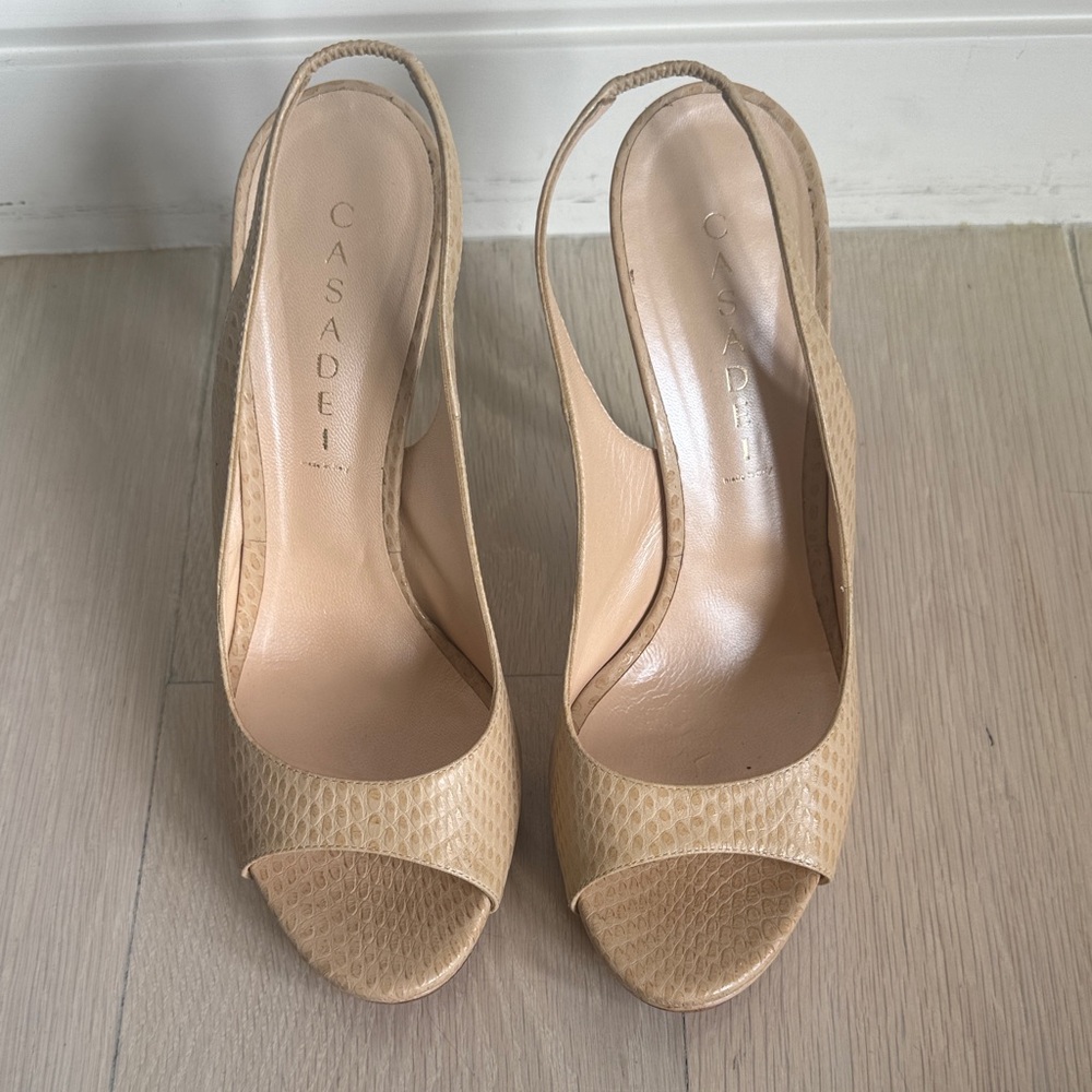 Casadei Beige Textured Slingback Heels